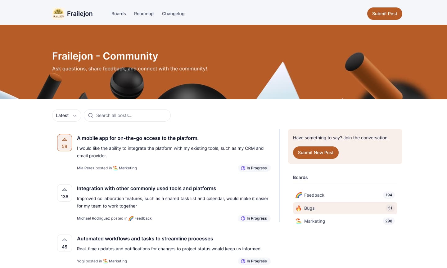 Different design examples of Supahub's public feedback portal