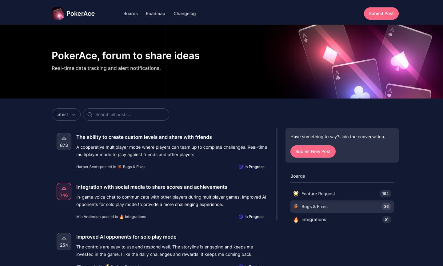 Different design examples of Supahub's public feedback portal